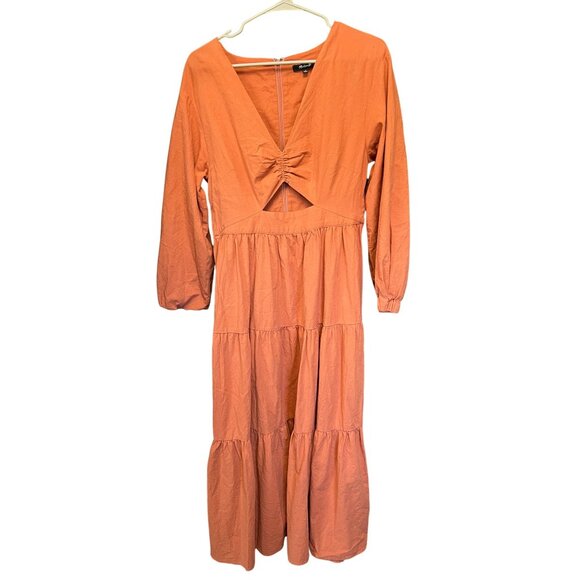 Womens Orange Tiered Midi Dress With Long Sleeves & Cutout Detail By Madewell - Picture 1 of 10